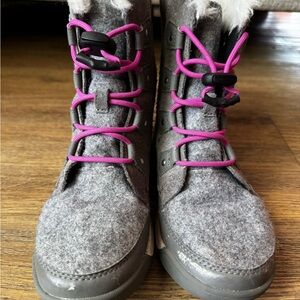 Sorel Gray Winter Boots with Pink Laces